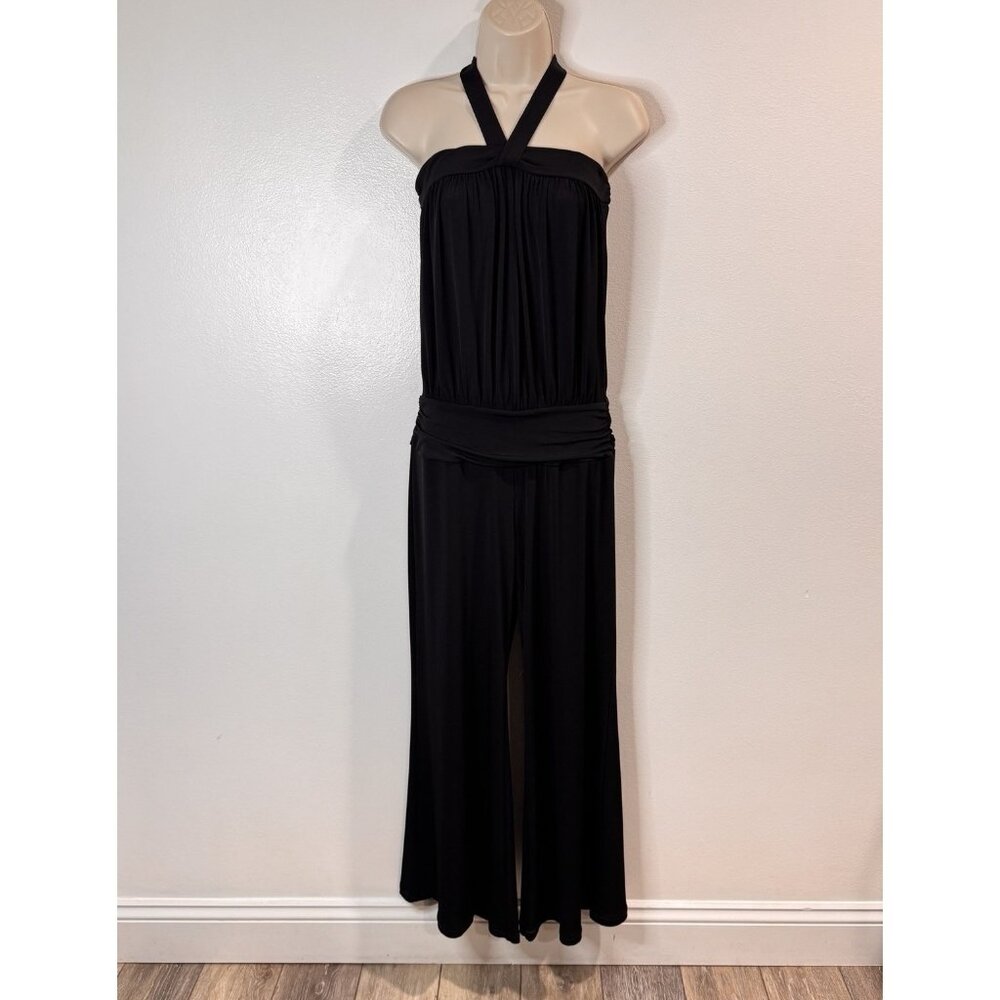 Vintage Y2K Express Jumpsuit XS Black Halter Jersey Wide Leg Crop Stretch
